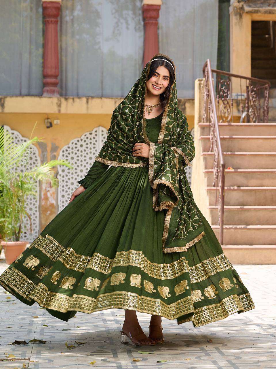 Premium Vichitra Silk Festival Gown with Heavy Sequin Embroidery & Dupatta