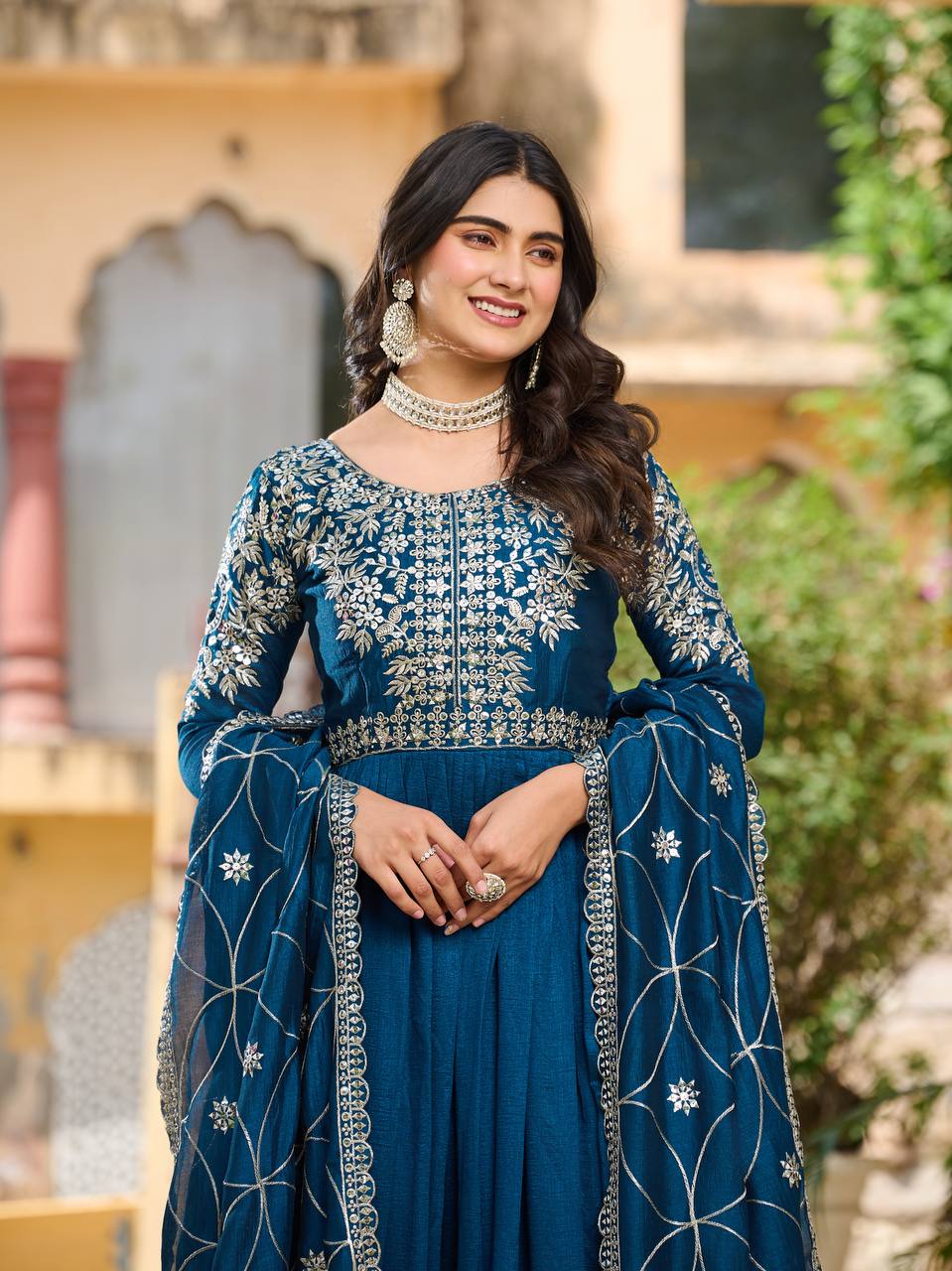 Premium Vichitra Silk Long Gown with Heavy Embroidered Dupatta