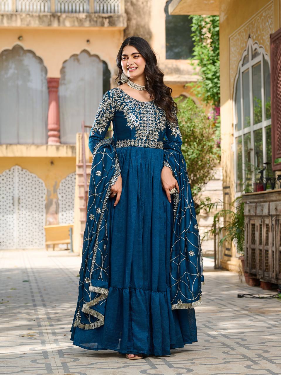 Premium Vichitra Silk Long Gown with Heavy Embroidered Dupatta