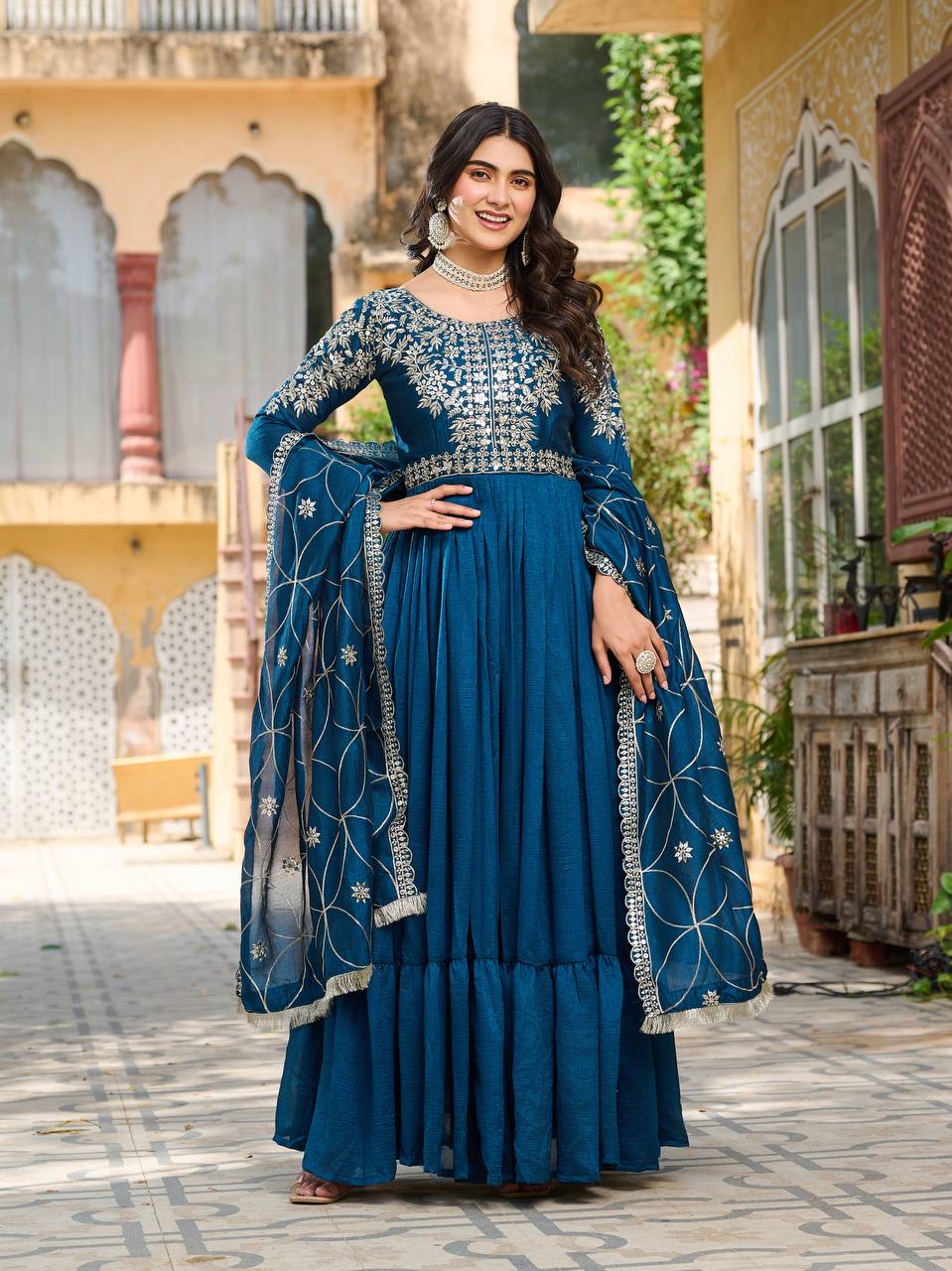 Premium Vichitra Silk Long Gown with Heavy Embroidered Dupatta