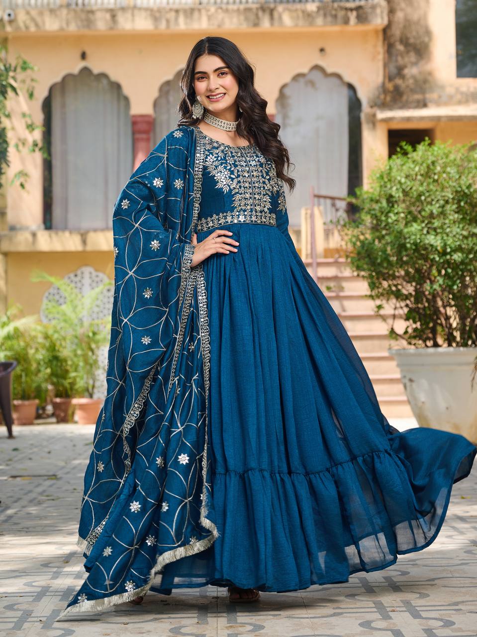 Premium Vichitra Silk Long Gown with Heavy Embroidered Dupatta