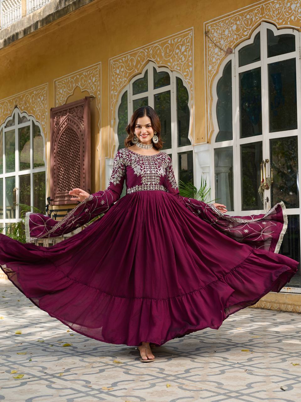 Premium Vichitra Silk Long Gown with Heavy Embroidered Dupatta