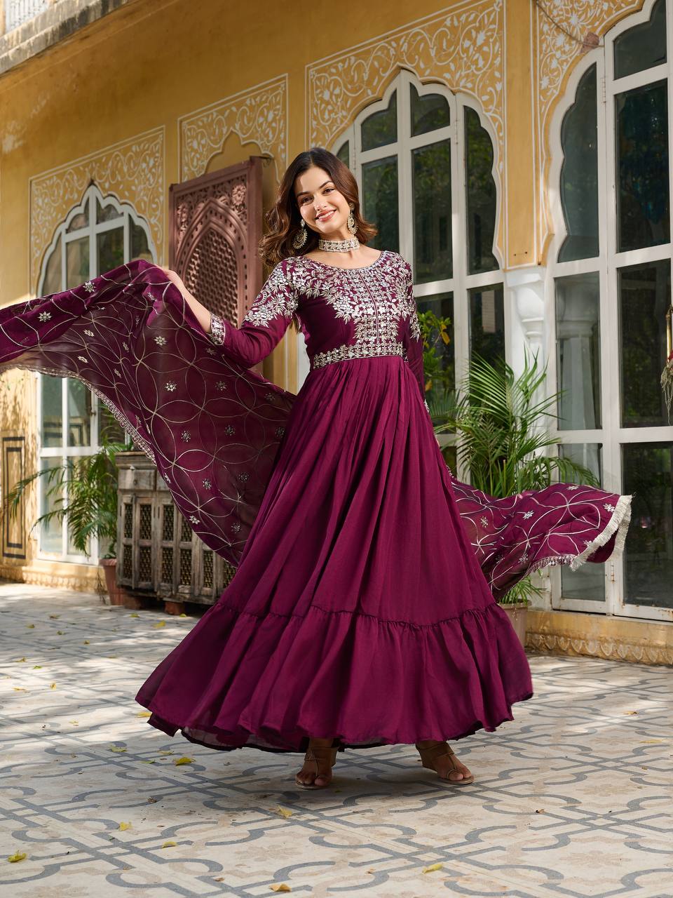 Premium Vichitra Silk Long Gown with Heavy Embroidered Dupatta