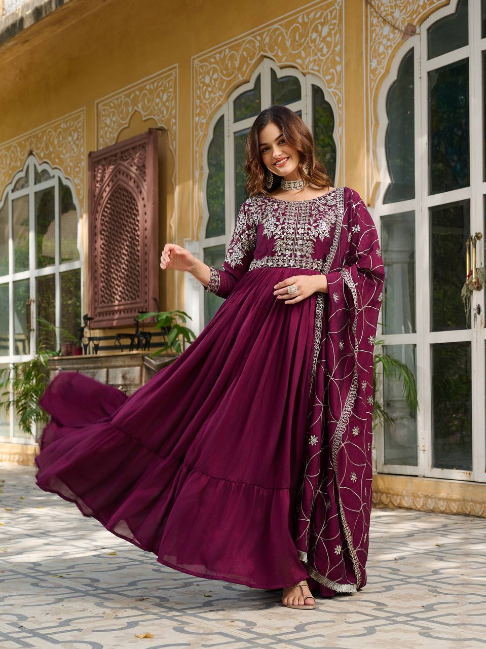 Premium Vichitra Silk Long Gown with Heavy Embroidered Dupatta