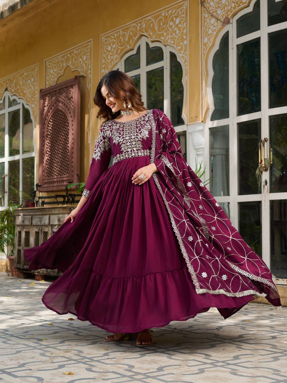 Premium Vichitra Silk Long Gown with Heavy Embroidered Dupatta