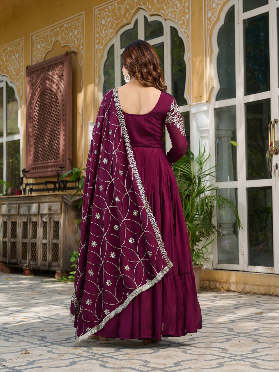 Premium Vichitra Silk Long Gown with Heavy Embroidered Dupatta