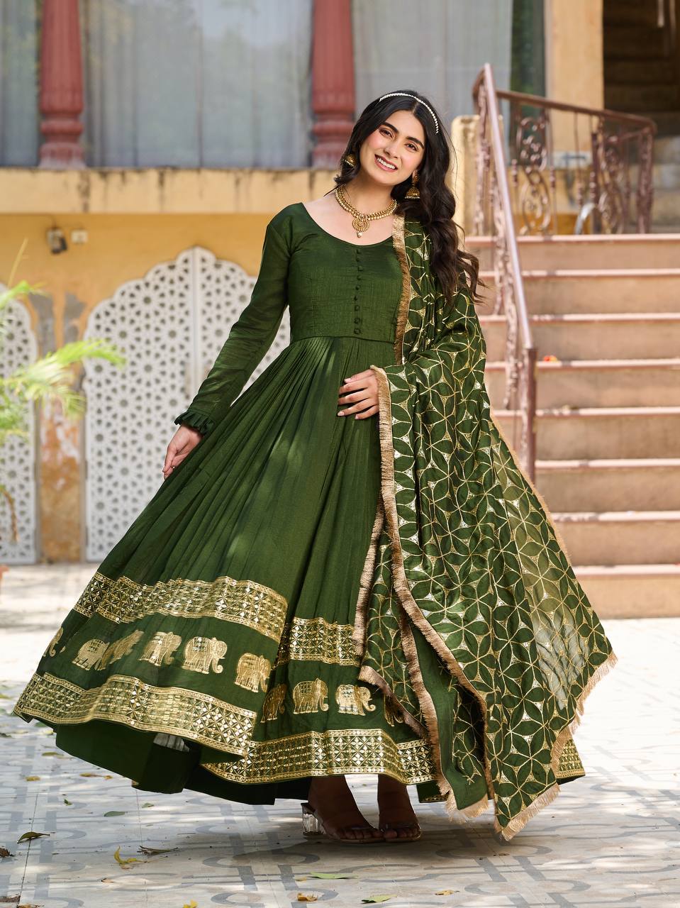Premium Vichitra Silk Festival Gown with Heavy Sequin Embroidery & Dupatta