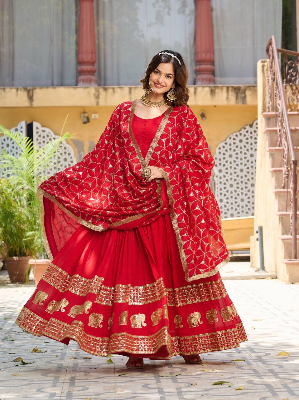 Premium Vichitra Silk Festival Gown with Heavy Sequin Embroidery & Dupatta