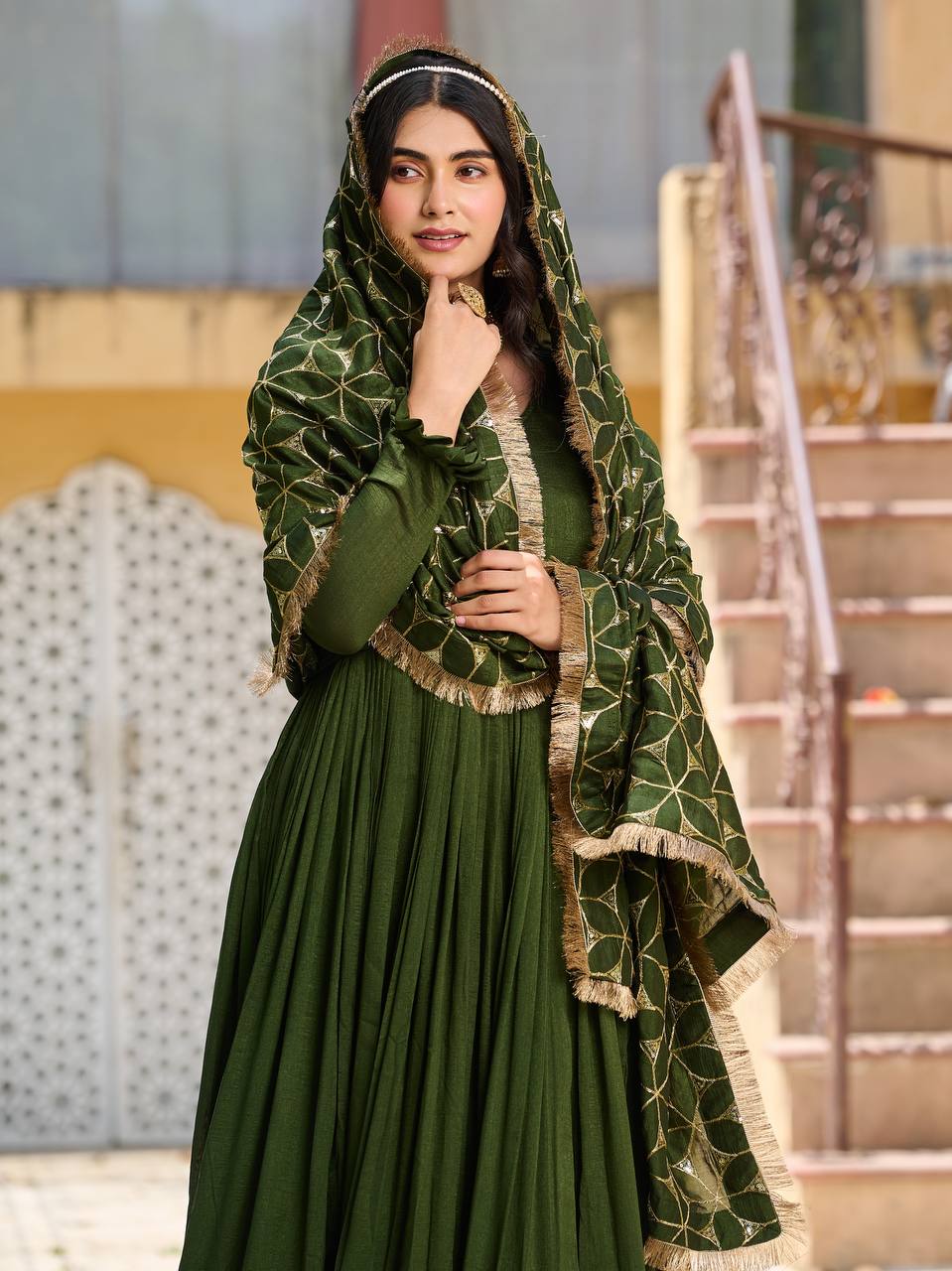Premium Vichitra Silk Festival Gown with Heavy Sequin Embroidery & Dupatta