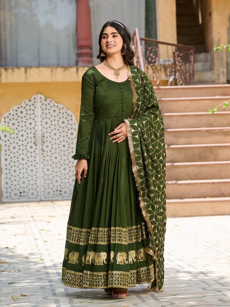 Premium Vichitra Silk Festival Gown with Heavy Sequin Embroidery & Dupatta